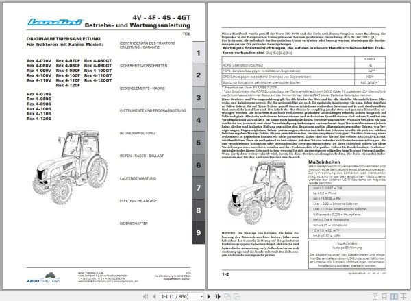 Landini Tractor Rex 4 070V to 120GT Operators Maintenance Manual 6613975A3 DE 1