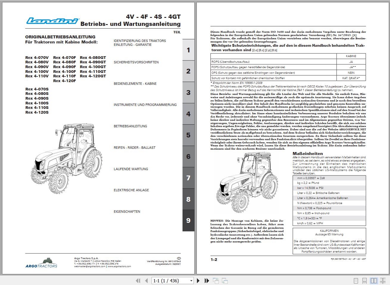 Landini Tractor Rex 4 070V to 120GT Operators Maintenance Manual 6613975A3 DE 1