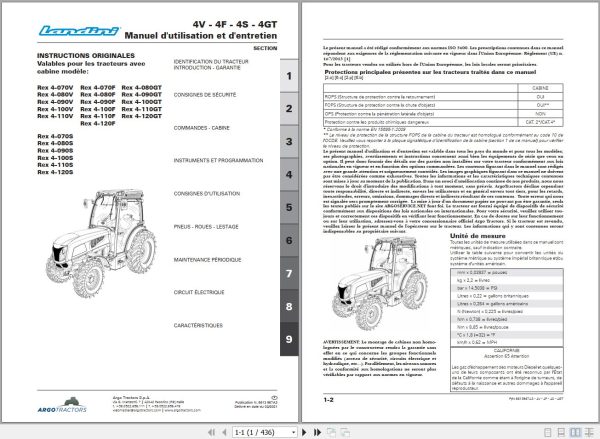 Landini Tractor Rex 4 070V to 4 120GT Operators Maintenance Manual 6613967A3 FR 1