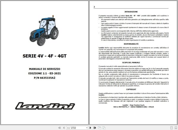 Landini Tractor Rex 4 070V to 4 120GT Service Manual 6635335A2 IT 1