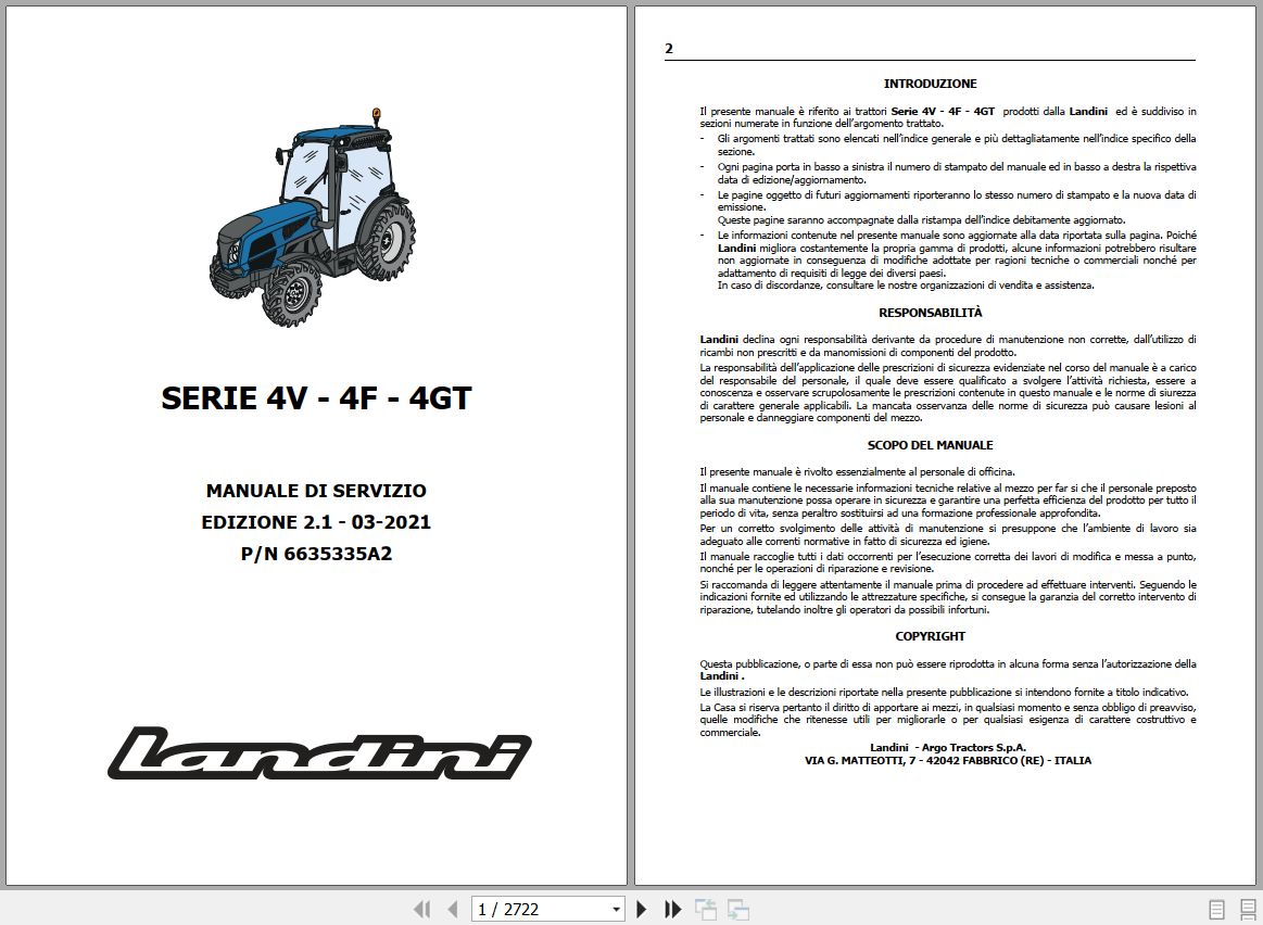Landini Tractor Rex 4 070V to 4 120GT Service Manual 6635335A2 IT 1