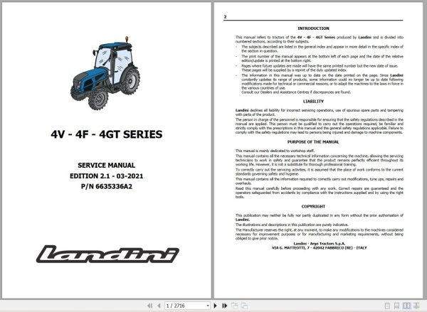 Landini Tractor Rex 4 070V to 4 120GT Service Manual 6635336A2 EN 1