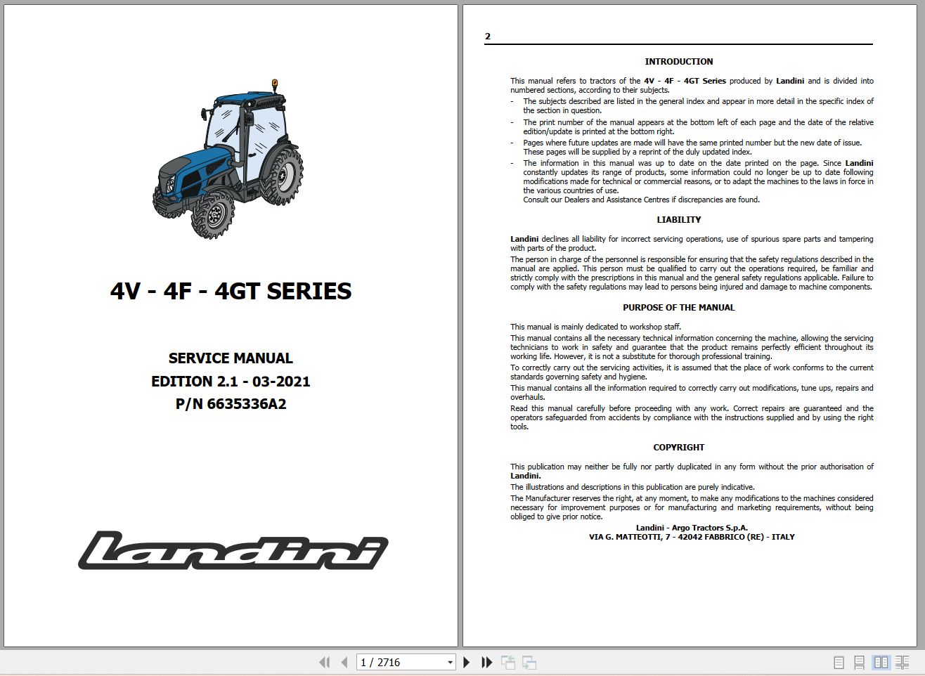 Landini Tractor Rex 4 070V to 4 120GT Service Manual 6635336A2 EN 1