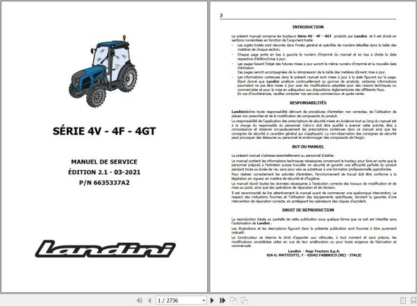 Landini Tractor Rex 4 070V to 4 120GT Service Manual 6635337A2 FR 1