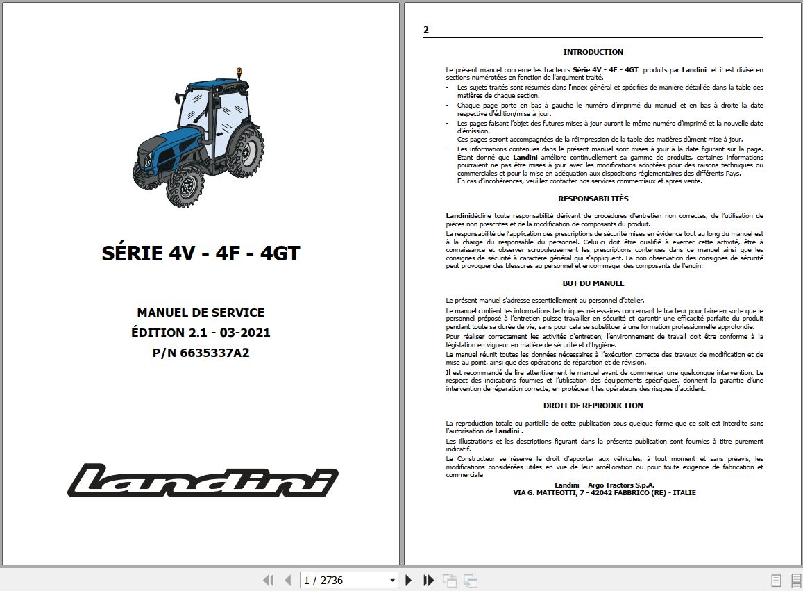 Landini Tractor Rex 4 070V to 4 120GT Service Manual 6635337A2 FR 1