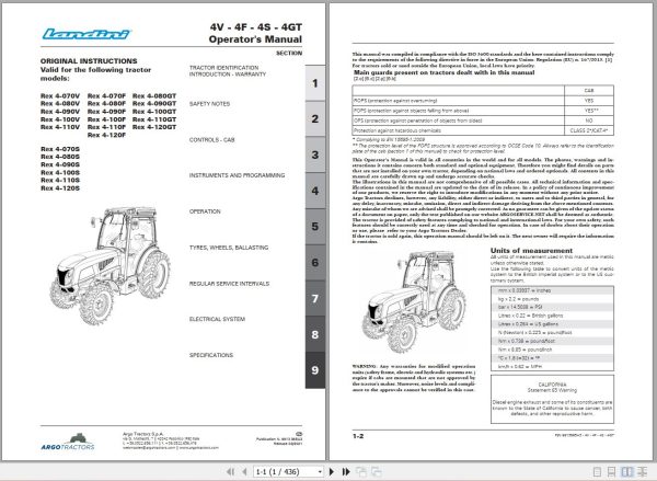 Landini Tractor Rex 4 070V to Rex 4 120GT Operators Maintenance Manual 6613965A3 EN 1