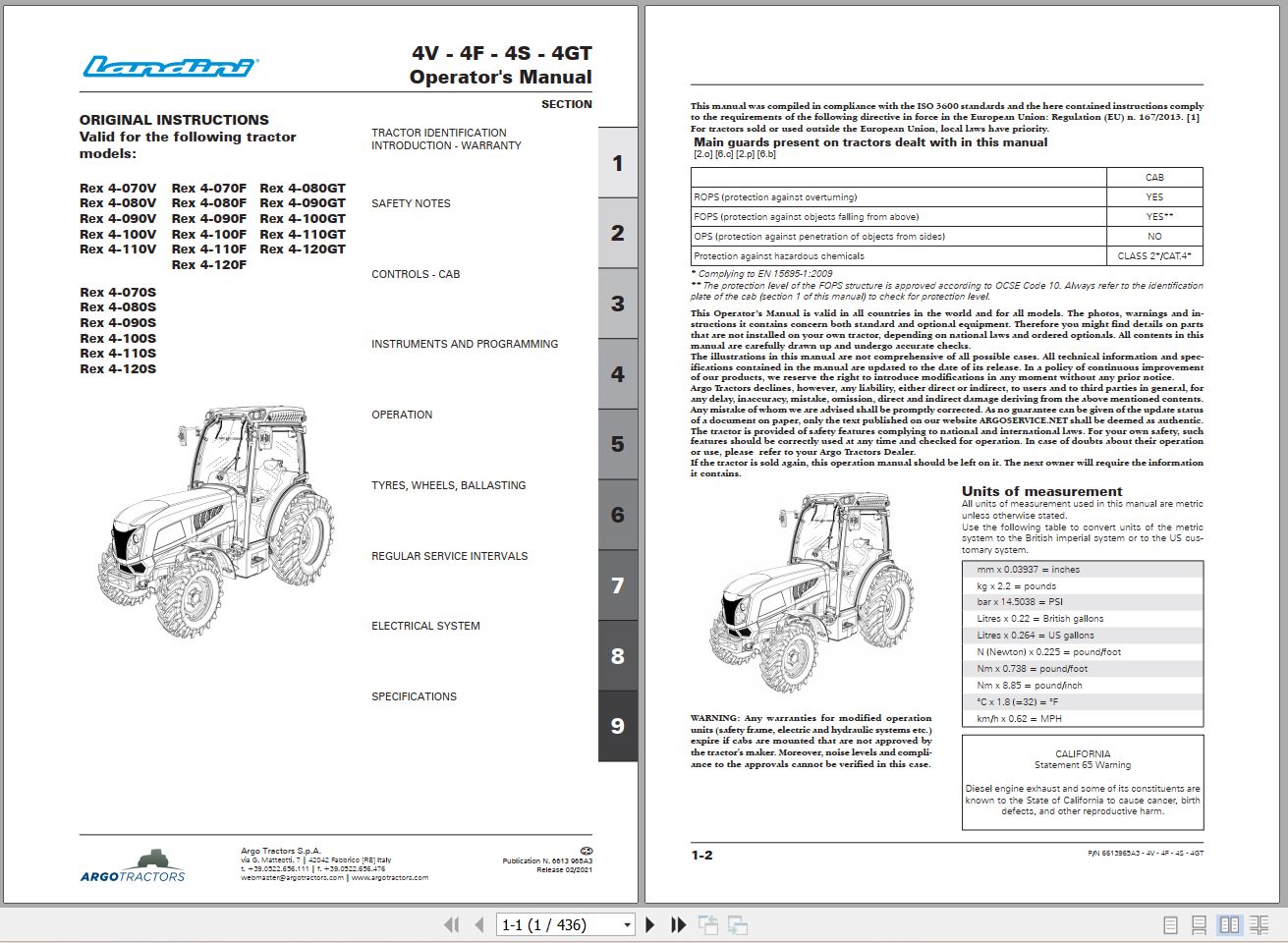 Landini Tractor Rex 4 070V to Rex 4 120GT Operators Maintenance Manual 6613965A3 EN 1