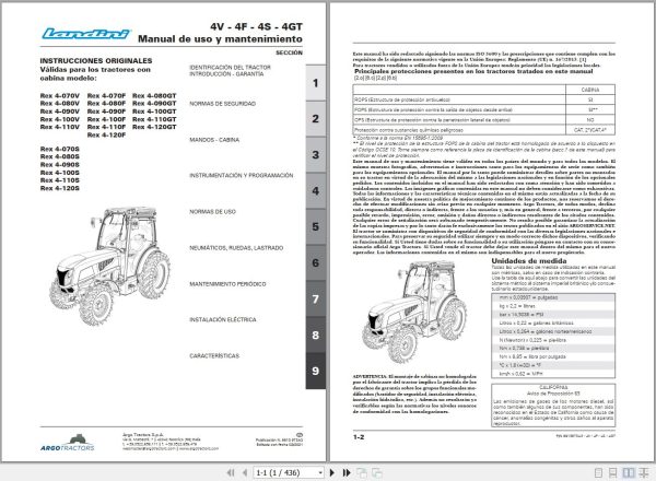 Landini Tractor Rex 4 070V to Rex 4 120GT Operators Maintenance Manual 6613973A3 ES 1