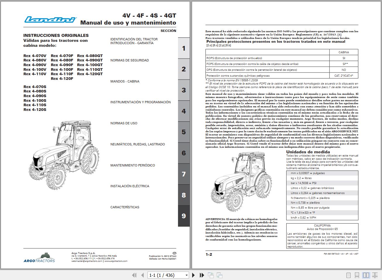 Landini Tractor Rex 4 070V to Rex 4 120GT Operators Maintenance Manual 6613973A3 ES 1