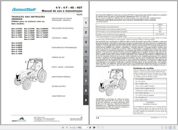 Landini Tractor Rex 4 070V to Rex 4 120GT Operators Maintenance Manual 6635328A3 PT 1
