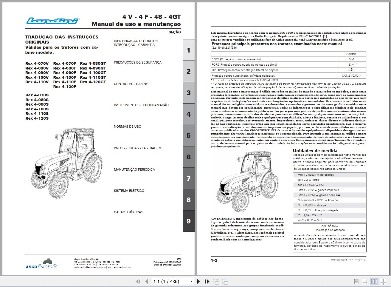 Landini Tractor Rex 4 070V to Rex 4 120GT Operators Maintenance Manual 6635328A3 PT 1