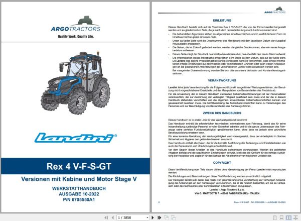Landini Tractor Rex 4 080 4 090 4 100 4 110 4 120 Service Manual 6705550A1 DE 1