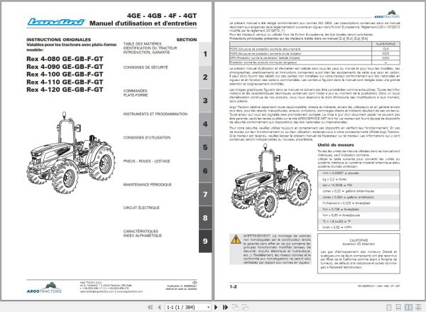 Landini Tractor Rex 4 080 GE to 4 120 GT Operators Maintenance Manual 6695503A1 FR 1