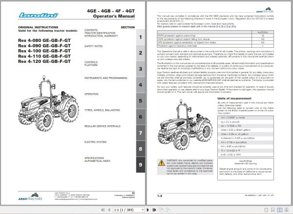 Landini Tractor Rex 4 080 GE to REX 4 120 GT Operators Maintenance Manual 6695502A1 EN 1