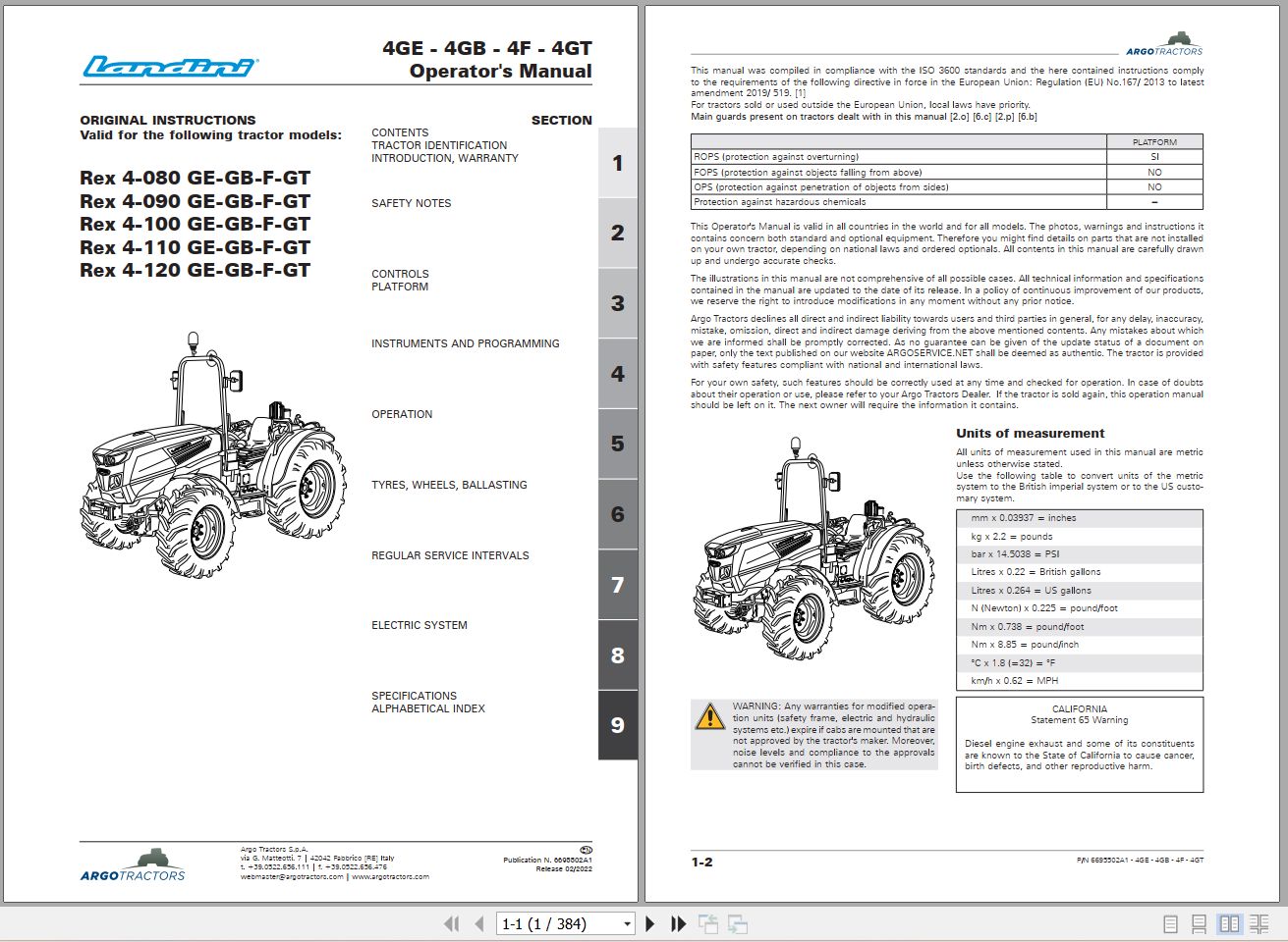 Landini Tractor Rex 4 080 GE to REX 4 120 GT Operators Maintenance Manual 6695502A1 EN 1