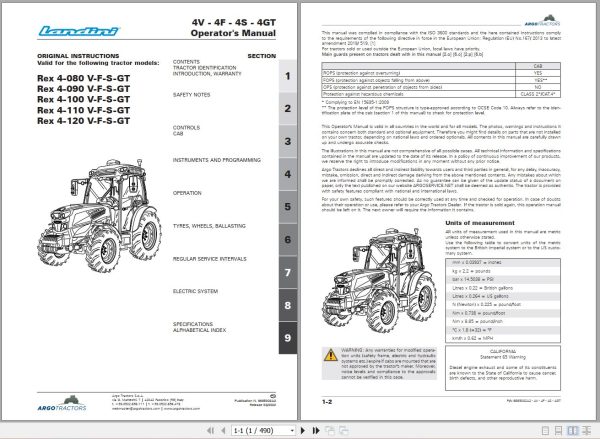 Landini Tractor Rex 4 080 V to Rex 4 120 GT Operators Maintenance Manual 6685002A2 EN 1