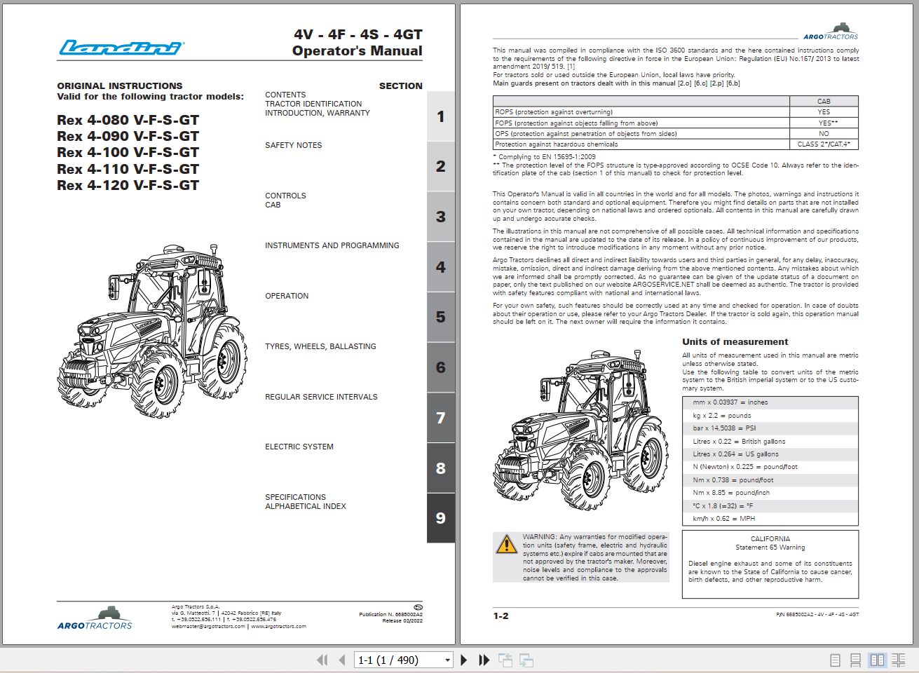 Landini Tractor Rex 4 080 V to Rex 4 120 GT Operators Maintenance Manual 6685002A2 EN 1