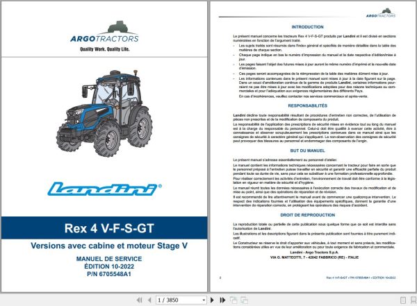 Landini Tractor Rex 4 080 to 4 120 Service Manual 6705548A1 FR 1