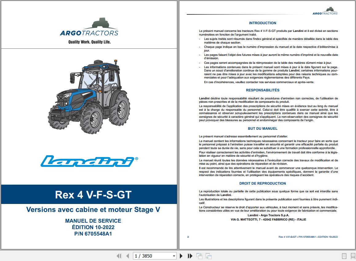Landini Tractor Rex 4 080 to 4 120 Service Manual 6705548A1 FR 1