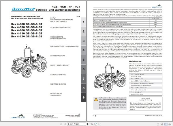 Landini Tractor Rex 4 080GE to 4 120GT Operators Maintenance Manual 6695508A1 DE 1
