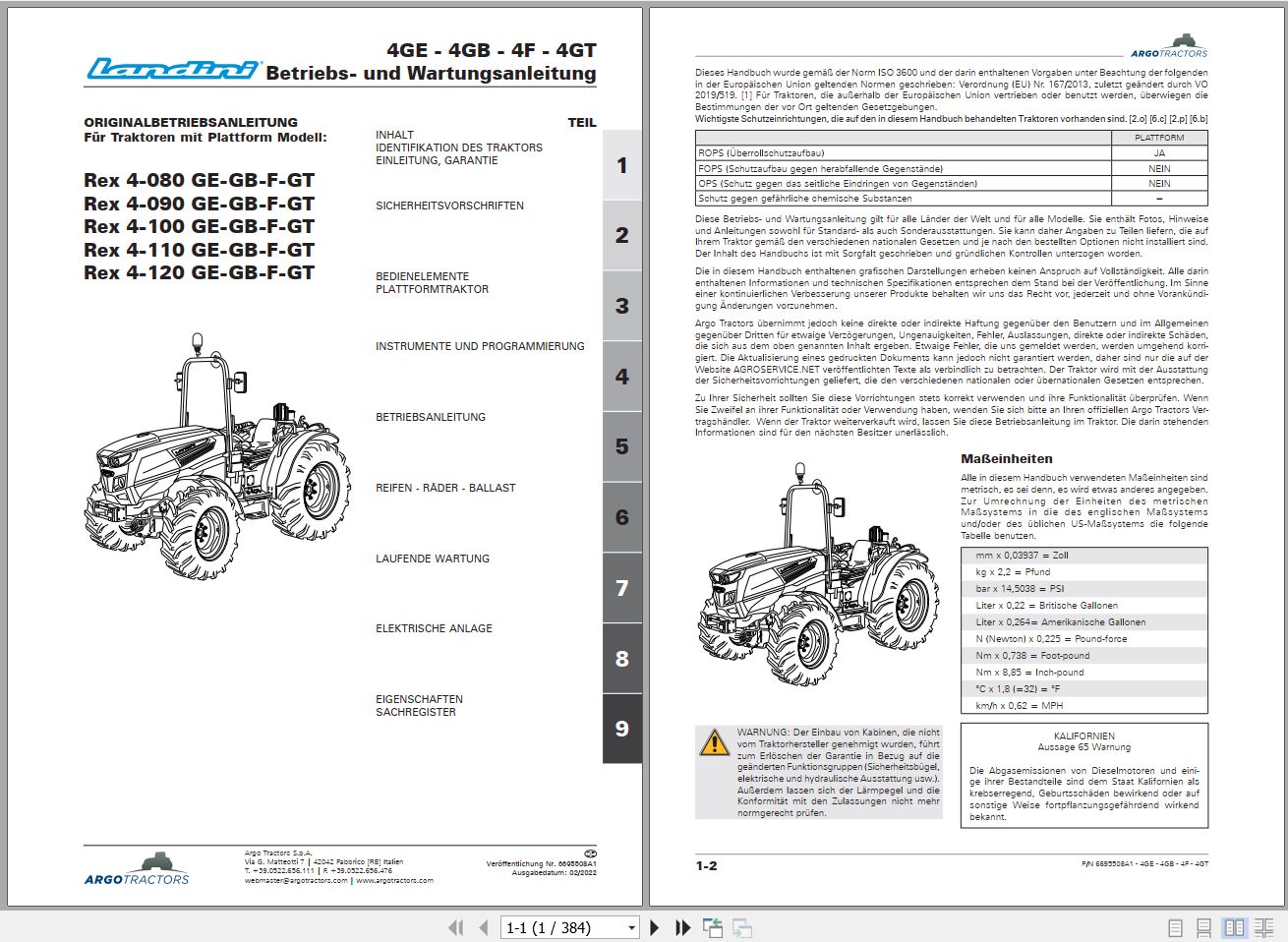 Landini Tractor Rex 4 080GE to 4 120GT Operators Maintenance Manual 6695508A1 DE 1