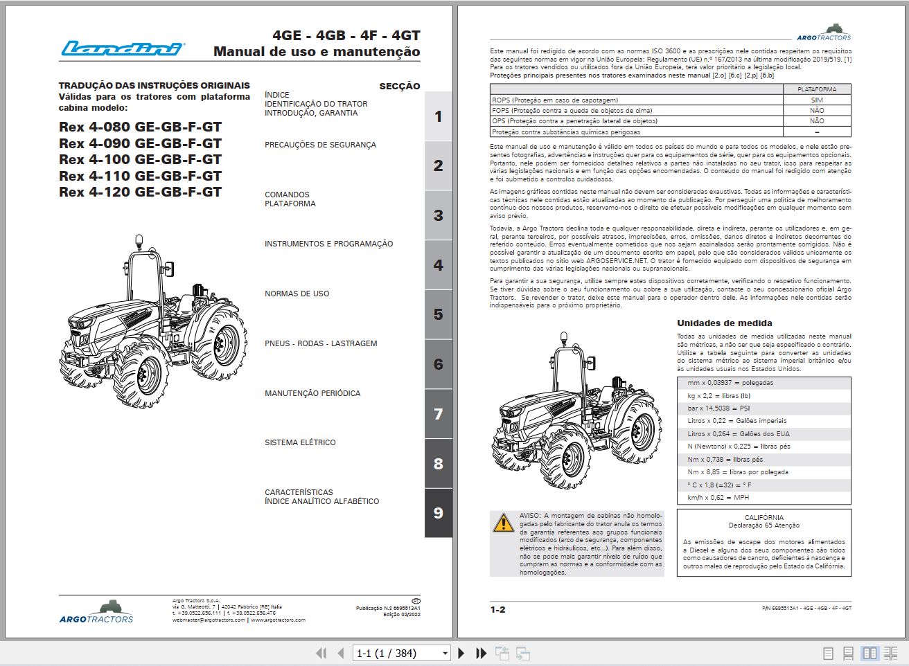Landini Tractor Rex 4 080GE to 4 120GT Operators Maintenance Manual 6695513A1 PT 1