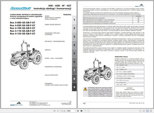 Landini Tractor Rex 4 080GE to 4 120GT Operators Maintenance Manual 6717374A1 PL 1
