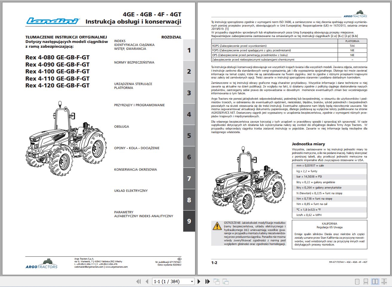 Landini Tractor Rex 4 080GE to 4 120GT Operators Maintenance Manual 6717374A1 PL 1