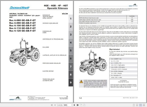 Landini Tractor Rex 4 080GE to 4 120GT Operators Maintenance Manual 6717375A1 TR 1