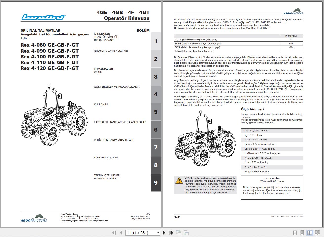 Landini Tractor Rex 4 080GE to 4 120GT Operators Maintenance Manual 6717375A1 TR 1