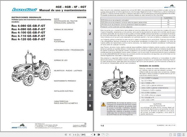 Landini Tractor Rex 4 080GE to Rex 4 120GT Operators Maintenance Manual 6695505A1 ES 1