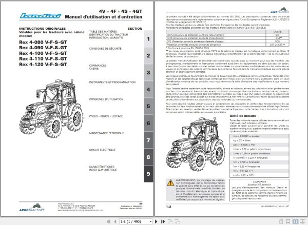 Landini Tractor Rex 4 080V to 4 120GT Operators Maintenance Manual 6684994A2 FR 1
