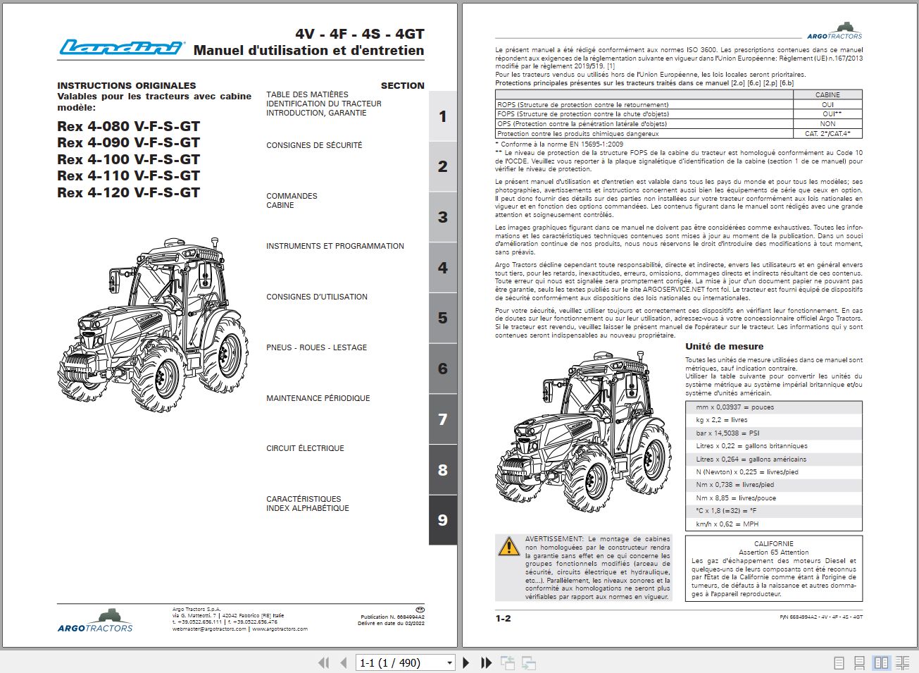 Landini Tractor Rex 4 080V to 4 120GT Operators Maintenance Manual 6684994A2 FR 1