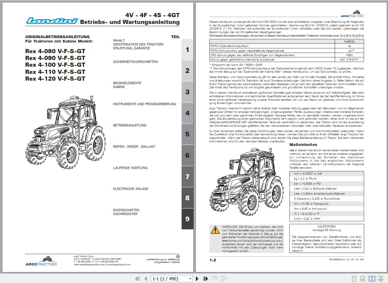 Landini Tractor Rex 4 080V to 4 120GT Operators Maintenance Manual 6685007A2 DE 1