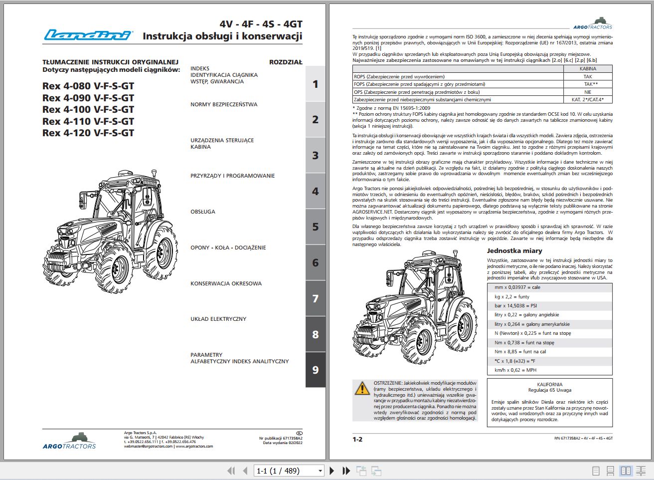 Landini Tractor Rex 4 080V to 4 120GT Operators Maintenance Manual 6717358A2 PL 1