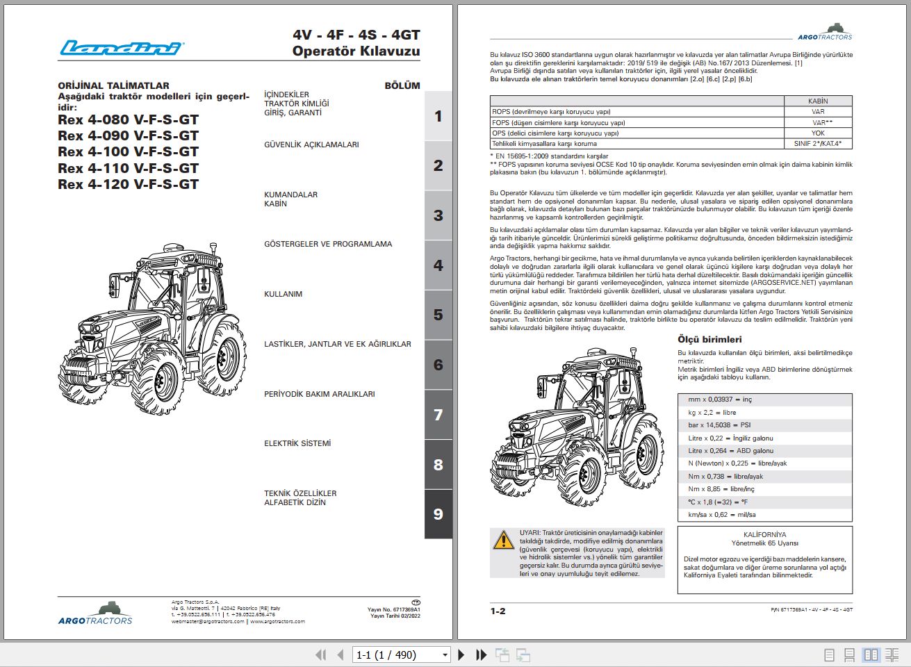 Landini Tractor Rex 4 080V to 4 120GT Operators Maintenance Manual 6717369A1 TR 1