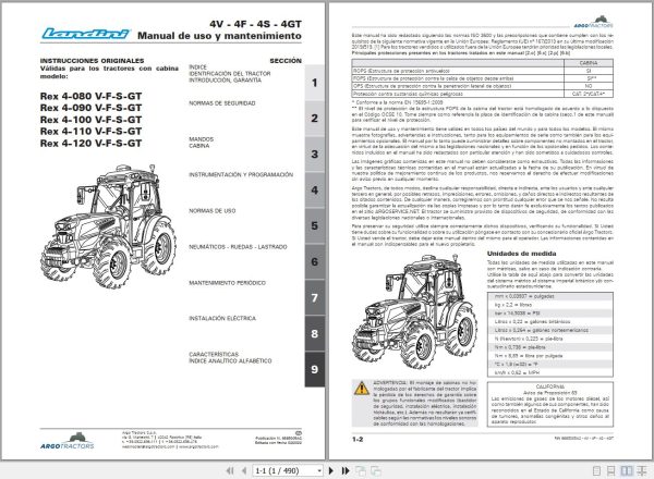 Landini Tractor Rex 4 080V to Rex 4 120GT Operators Maintenance Manual 6685005A2 ES 1