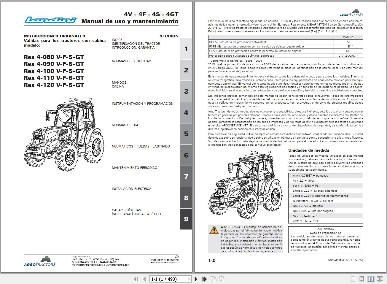 Landini Tractor Rex 4 080V to Rex 4 120GT Operators Maintenance Manual 6685005A2 ES 1