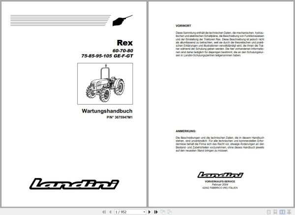Landini Tractor Rex 60 to 105GT Service Manual 3675947M1 DE 1