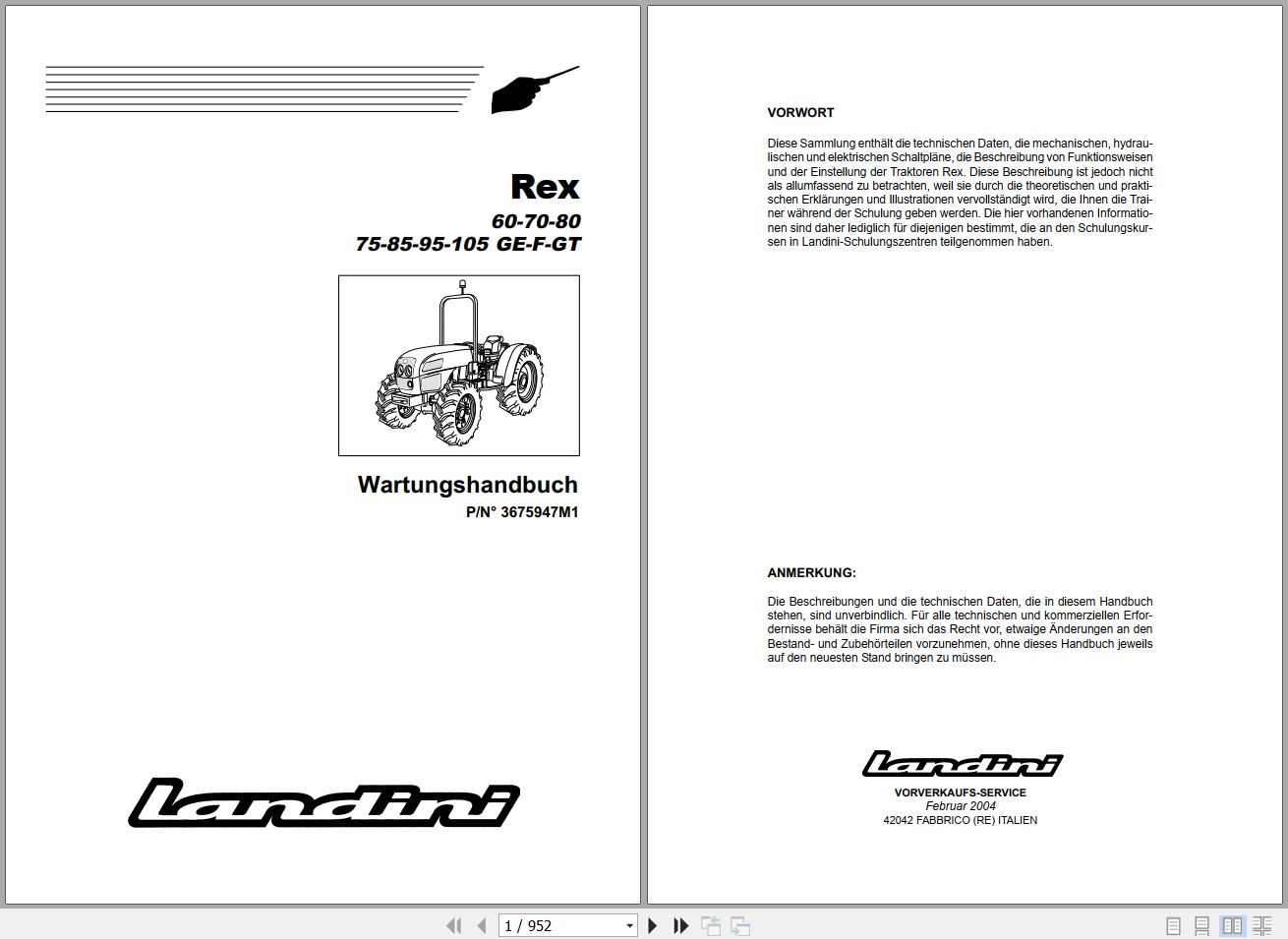 Landini Tractor Rex 60 to 105GT Service Manual 3675947M1 DE 1