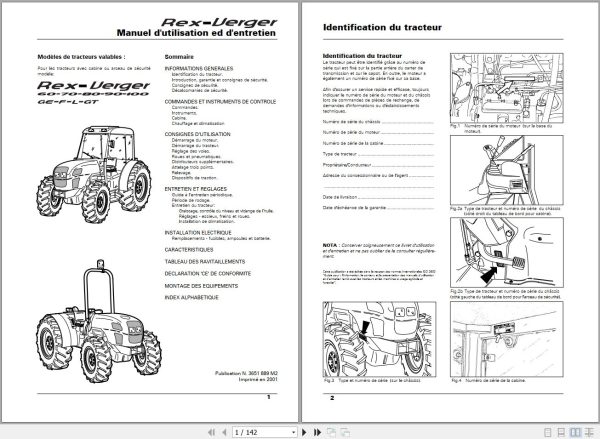 Landini Tractor Rex 60GE to 100GT Verger Operators Maintenance Manual 3651889M2 FR 1
