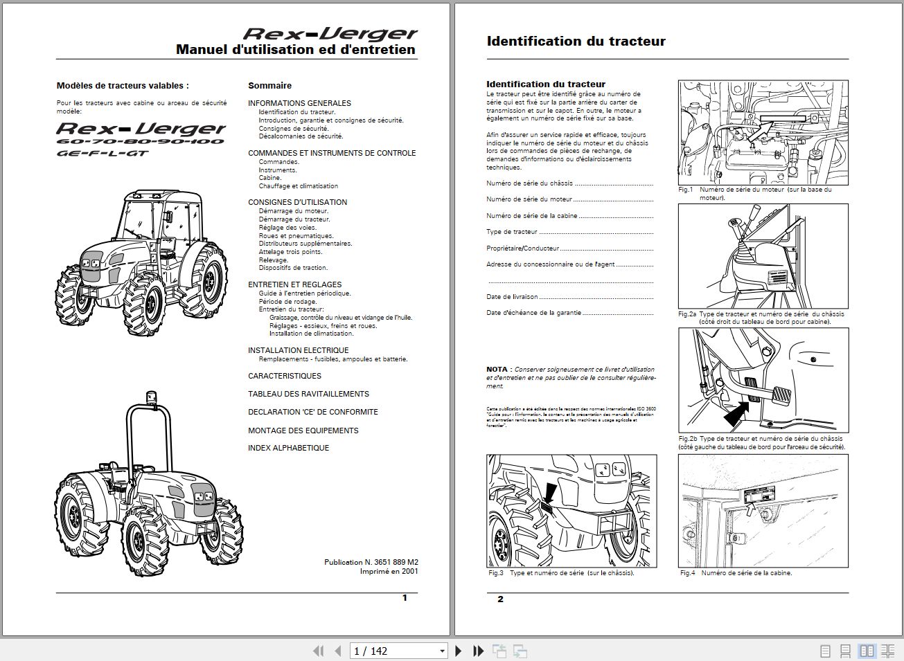 Landini Tractor Rex 60GE to 100GT Verger Operators Maintenance Manual 3651889M2 FR 1