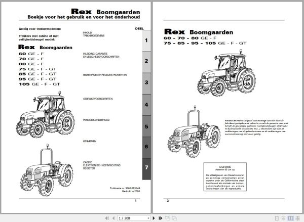 Landini Tractor Rex 60GE to 105GT Boomgaarden Operators Maintenance Manual 3666083M4 NL 1