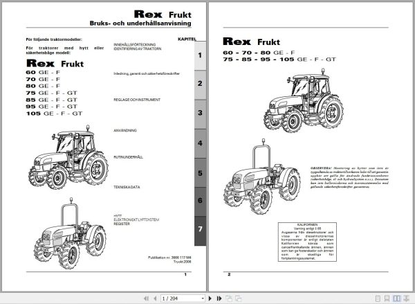 Landini Tractor Rex 60GE to 105GT Frukt Operators Maintenance Manual 3666117M4 SV 1