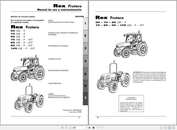 Landini Tractor Rex 60GE to 105GT Frutero Operators Maintenance Manual 3666055M4 ES 1