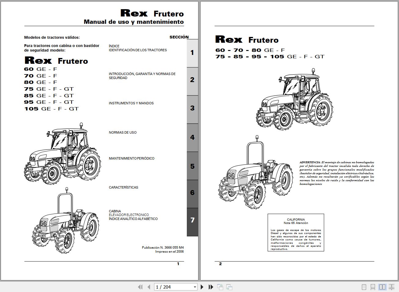 Landini Tractor Rex 60GE to 105GT Frutero Operators Maintenance Manual 3666055M4 ES 1