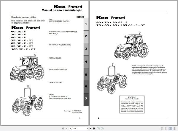 Landini Tractor Rex 60GE to 105GT Frutteti Operators Maintenance Manual 3666116M4 PT 1