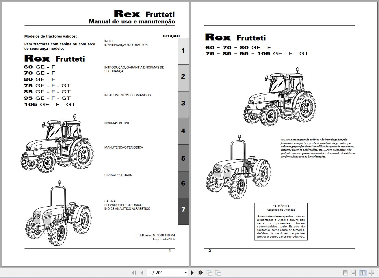 Landini Tractor Rex 60GE to 105GT Frutteti Operators Maintenance Manual 3666116M4 PT 1
