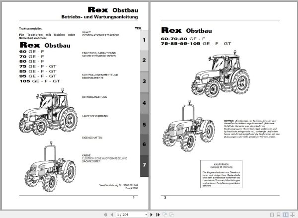 Landini Tractor Rex 60GE to 105GT Obstbau Operators Maintenance Manual 3666061M4 DE 1