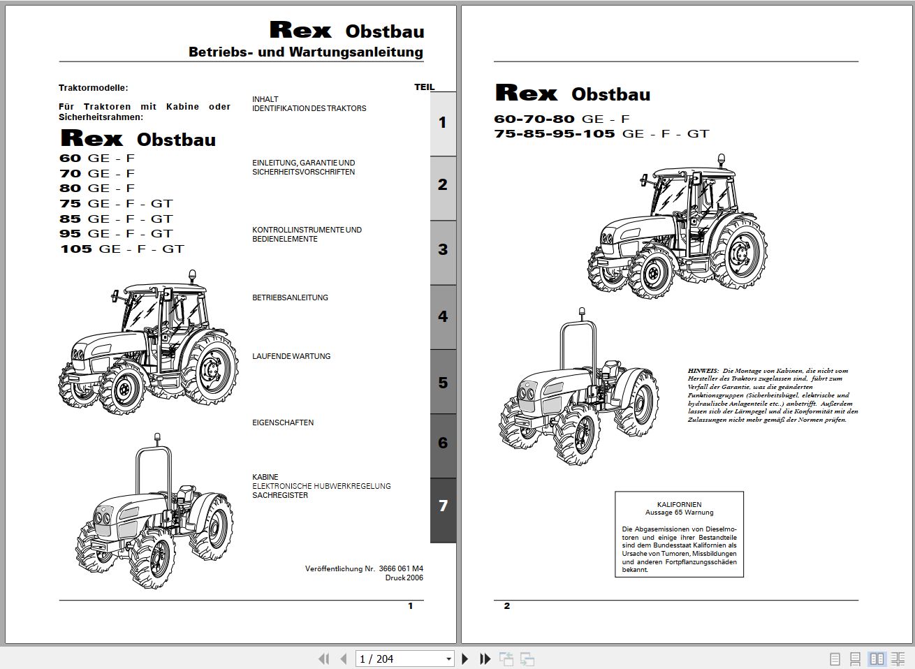 Landini Tractor Rex 60GE to 105GT Obstbau Operators Maintenance Manual 3666061M4 DE 1